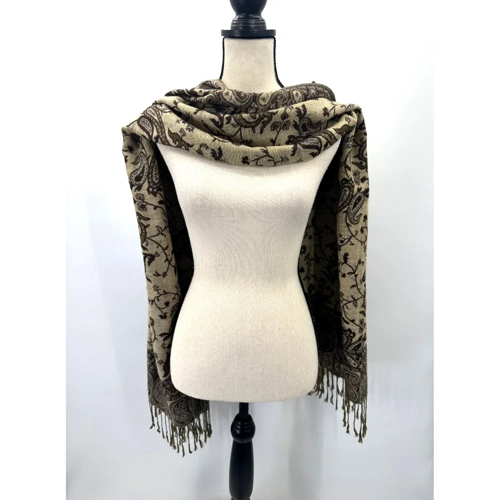 Pashmina Shawl Scarf Wrap Paisley Floral Brown Tan Cream Cashmere Earthy Garden